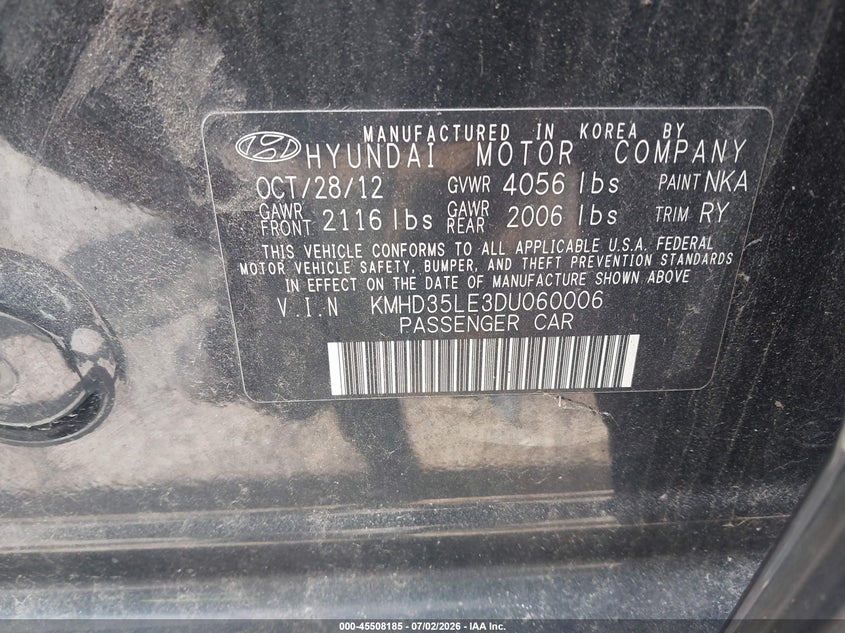 2013 Hyundai Elantra VIN KMHD35LE3DU060006 IAAI salvage auction — NORMAL WEAR, Clear (Indiana), sold $625 on 2026-07-28 (photo 9)