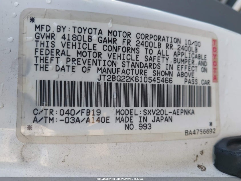 2001 Toyota Camry VIN JT2BG22K610545466 IAAI salvage auction — NORMAL WEAR, Salvage (California), sold $325 on 2026-07-29 (photo 9)