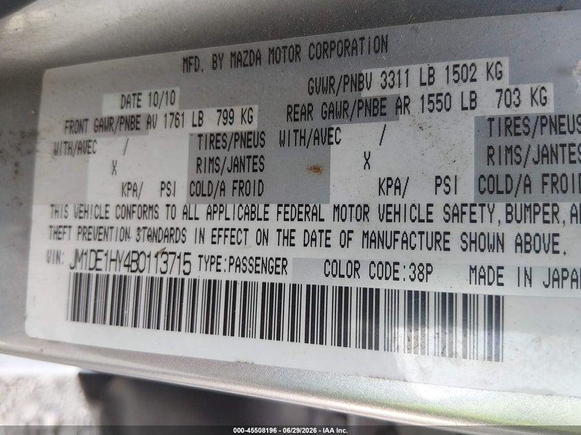 2011 Mazda 2 VIN JM1DE1HY4B0113715 IAAI salvage auction — NORMAL WEAR, Original (Texas), sold $700 on 2026-07-28 (photo 9)