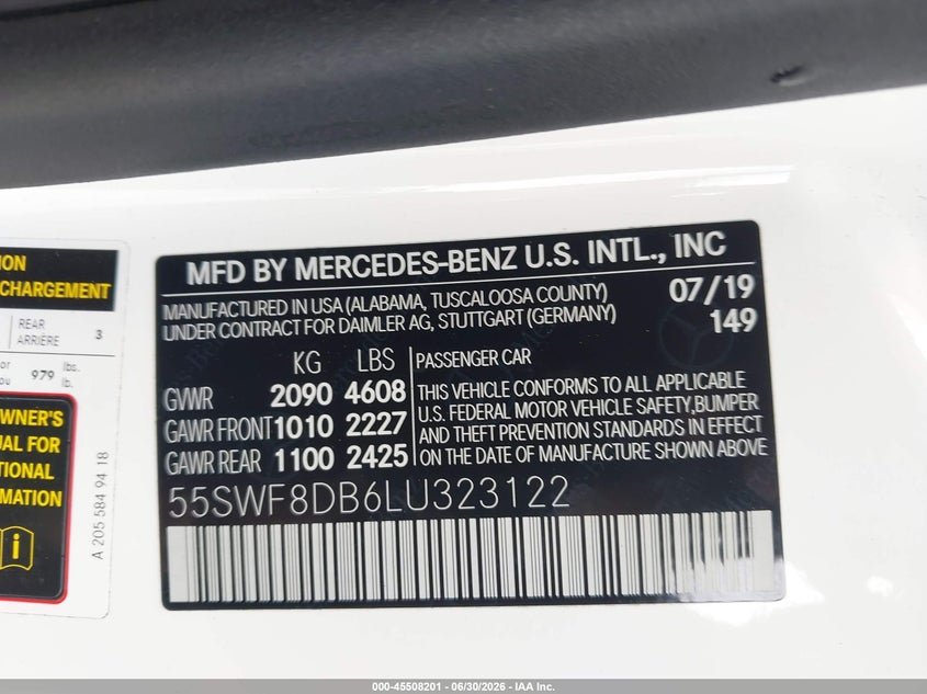 2020 Mercedes-Benz C-Class VIN 55SWF8DB6LU323122 IAAI salvage auction — FRONT END, Salvage Title, sold $1,900 on 2026-09-26 (photo 9)