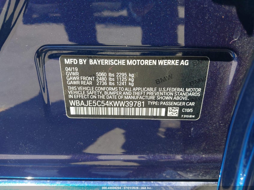 2019 BMW 5er VIN WBAJE5C54KWW39781 IAAI salvage auction — RIGHT SIDE, Salvage Title, sold $13,300 on 2026-08-03 (photo 9)