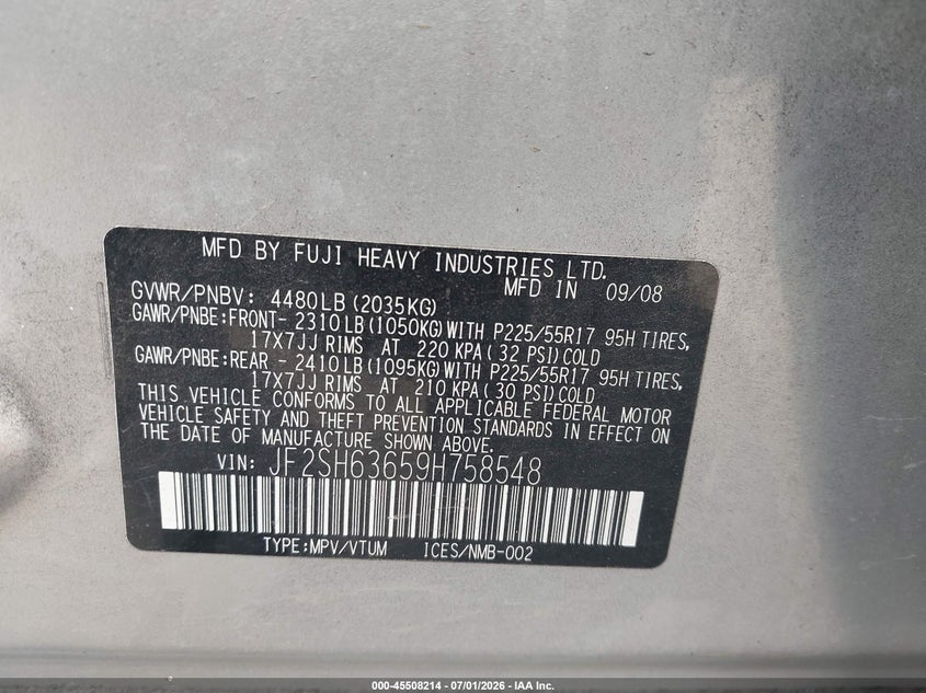 2009 Subaru Forester VIN JF2SH63659H758548 IAAI salvage auction — LEFT REAR, Salvage (California), sold $725 on 2026-07-13 (photo 9)