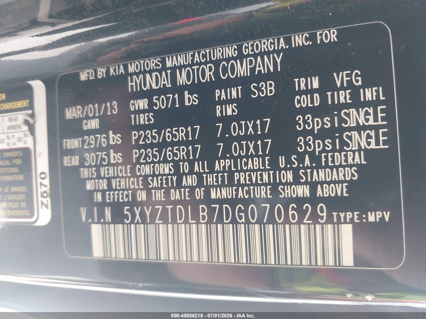2013 Hyundai Santa fe VIN 5XYZTDLB7DG070629 IAAI salvage auction — NORMAL WEAR, Clear (Utah), sold $1,025 on 2026-07-09 (photo 9)