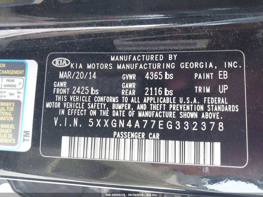 2014 Kia Optima VIN 5XXGN4A77EG332378 IAAI salvage auction — LEFT SIDE, Clear - Dealer Only (California), sold $650 on 2026-07-09 (photo 9)
