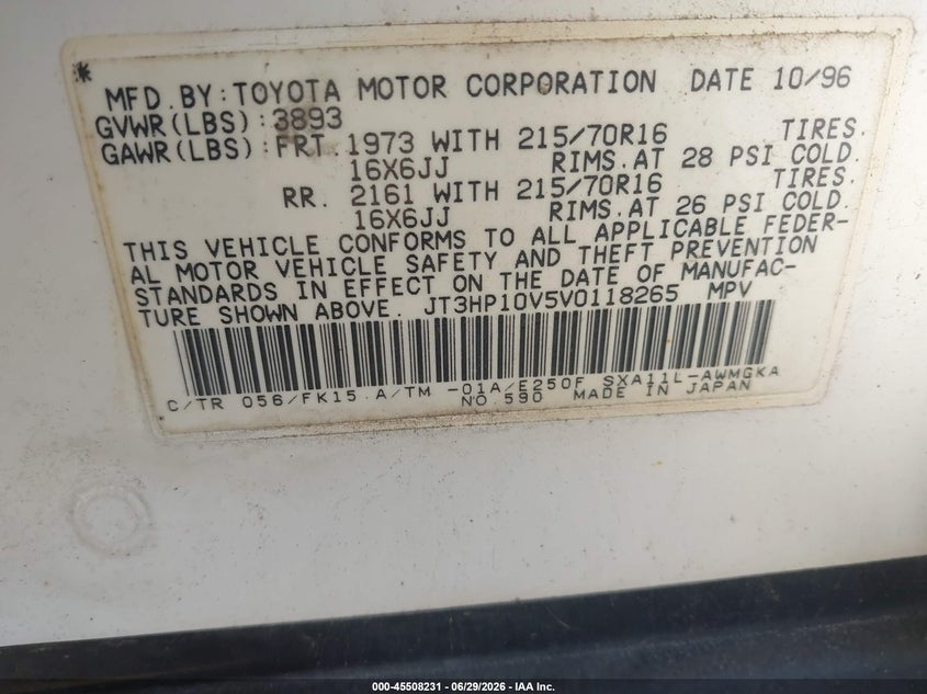 1997 Toyota Rav4 VIN JT3HP10V5V0118265 IAAI salvage auction — NORMAL WEAR, Clear - Dealer Only (California), sold $1,350 on 2026-07-08 (photo 9)