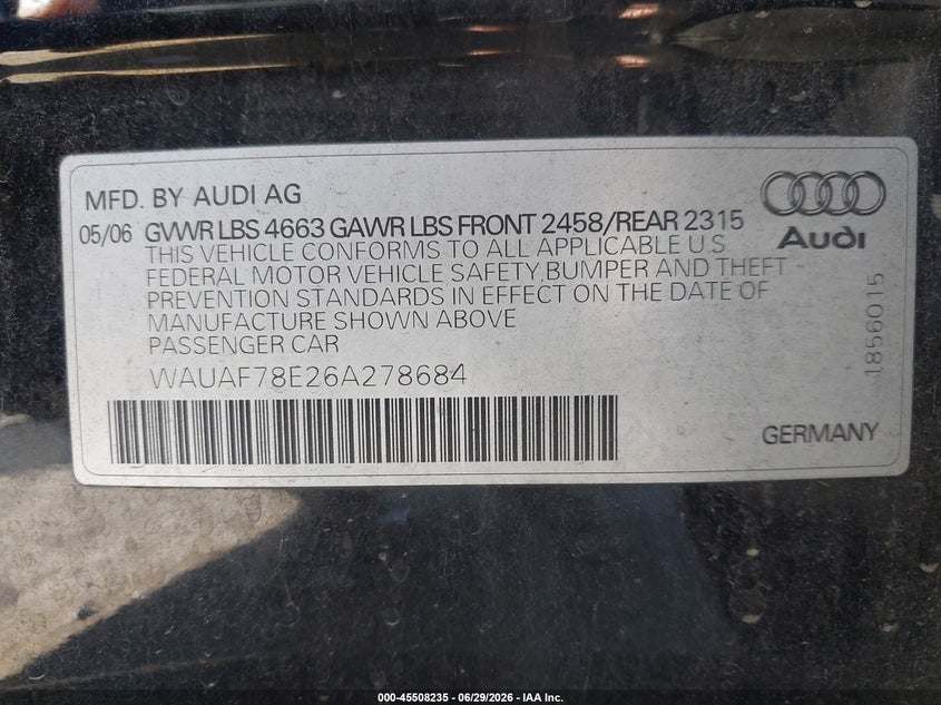 2006 Audi A4 VIN WAUAF78E26A278684 IAAI salvage auction — NORMAL WEAR, Salvage (California), sold $350 on 2026-07-22 (photo 9)