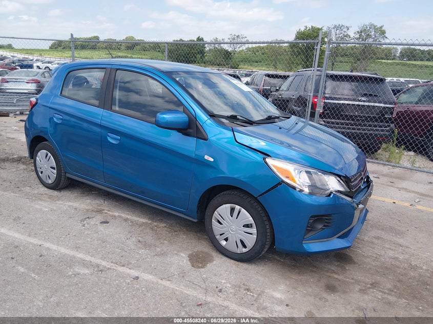 2021 Mitsubishi Mirage VIN ML32AUHJXMH002925 IAAI salvage auction — FRONT & REAR, Salvage (Iowa), sold $1,800 on 2026-08-01 (photo 1)