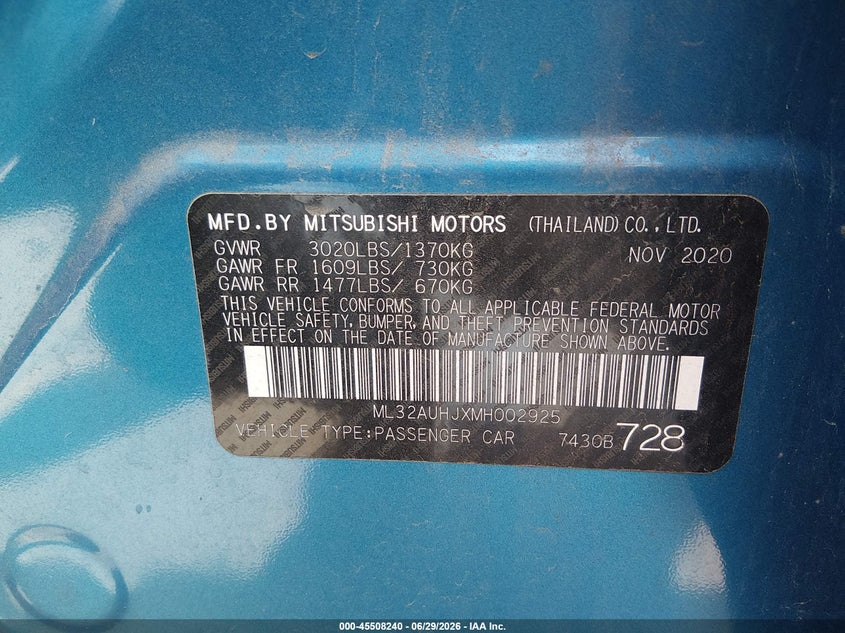 2021 Mitsubishi Mirage VIN ML32AUHJXMH002925 IAAI salvage auction — FRONT & REAR, Salvage (Iowa), sold $1,800 on 2026-08-01 (photo 9)