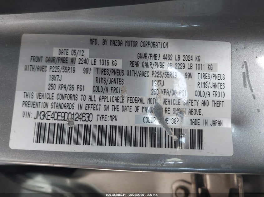 2013 Mazda Cx-5 VIN JM3KE4DE9D0124630 IAAI salvage auction — NORMAL WEAR, Clear (Illinois), sold $1,100 on 2026-07-08 (photo 9)