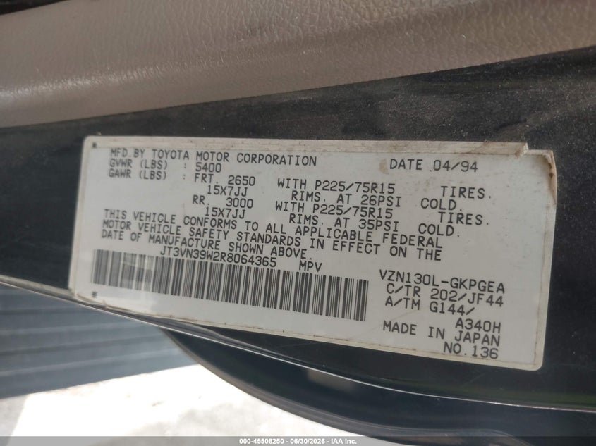 1994 Toyota 4runner VIN JT3VN39W2R8064365 IAAI salvage auction — NORMAL WEAR, Clear (Indiana), sold $825 on 2026-07-08 (photo 9)
