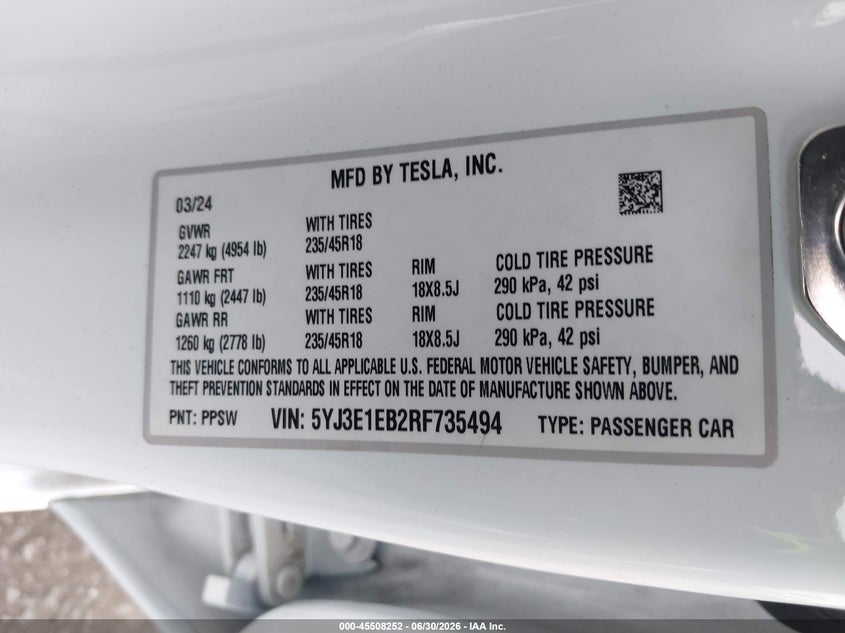 2024 Tesla Model 3 VIN 5YJ3E1EB2RF735494 IAAI salvage auction — REAR END, Salvage Certificate (California), sold $13,550 on 2026-07-31 (photo 9)