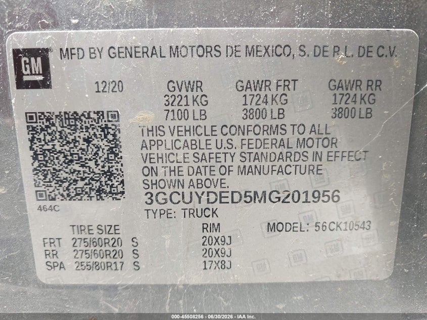 2021 Chevrolet Silverado VIN 3GCUYDED5MG201956 IAAI salvage auction — RIGHT FRONT, Salvage (Tennessee), sold $8,250 on 2026-07-30 (photo 9)