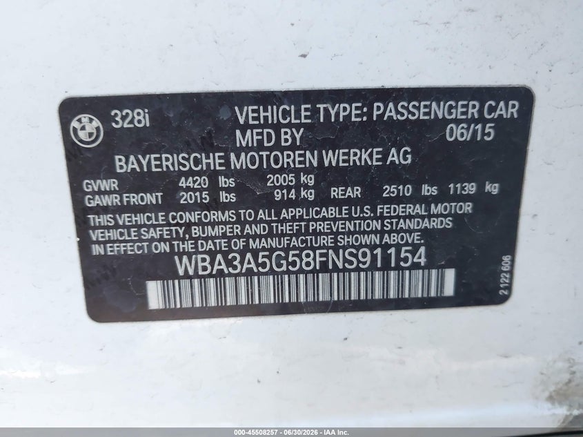 2015 BMW 3er VIN WBA3A5G58FNS91154 IAAI salvage auction — RIGHT FRONT, Salvage (Arizona), sold $1,400 on 2026-07-28 (photo 9)