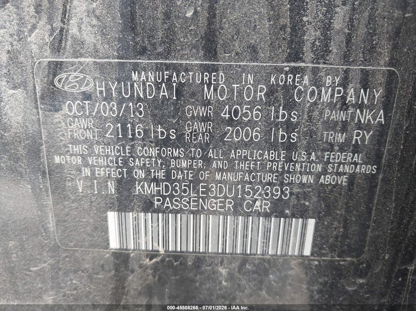 2013 Hyundai Elantra VIN KMHD35LE3DU152393 IAAI salvage auction — NORMAL WEAR, Clear (Montana), sold $175 on 2026-07-22 (photo 9)