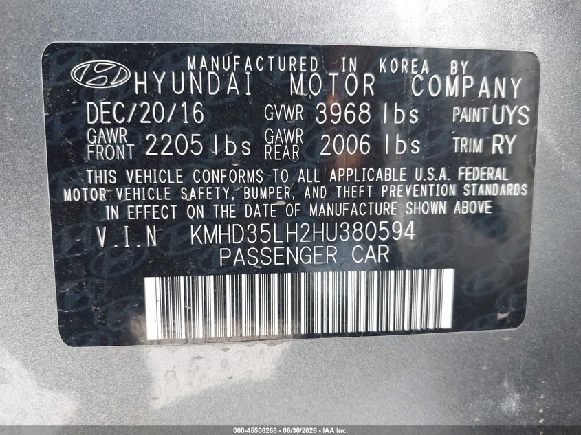 2017 Hyundai Elantra VIN KMHD35LH2HU380594 IAAI salvage auction — SIDE, Salvage (California), sold $225 on 2026-07-29 (photo 9)