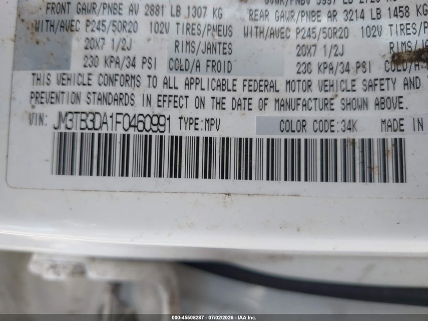 2015 Mazda Cx-9 VIN JM3TB3DA1F0460991 IAAI salvage auction — NORMAL WEAR, Original (Texas), sold $1,575 on 2026-07-15 (photo 9)