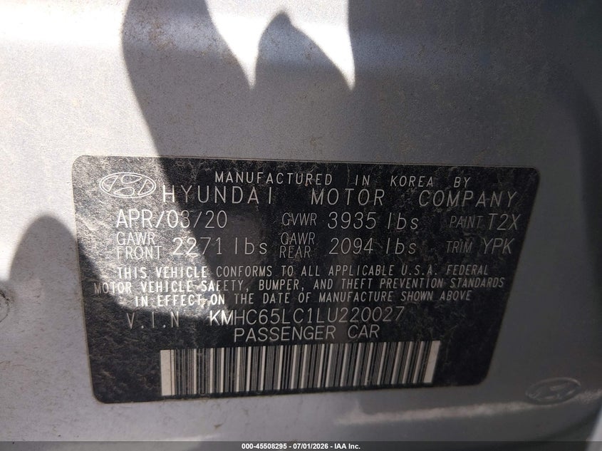2020 Hyundai Ioniq hybrid VIN KMHC65LC1LU220027 IAAI salvage auction — RIGHT SIDE, Sf97 (Kentucky), sold $7,200 on 2026-08-12 (photo 9)