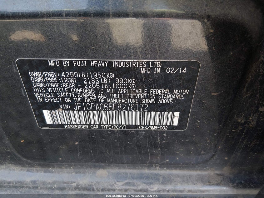 2014 Subaru Impreza VIN JF1GPAC65E8276172 IAAI salvage auction — NORMAL WEAR, Clear - Public Restricted (Oregon), sold $1,850 on 2026-07-13 (photo 9)