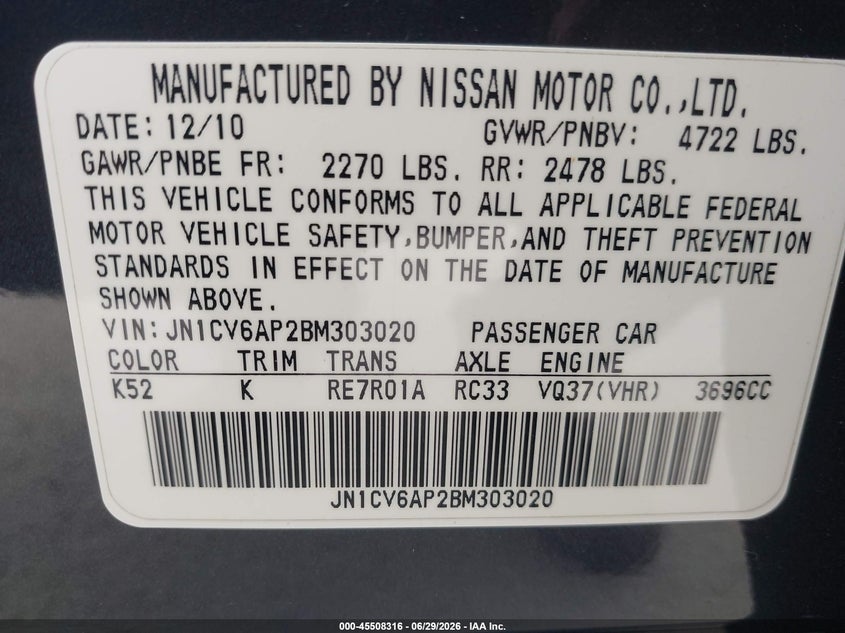 2011 Infiniti G37 VIN JN1CV6AP2BM303020 IAAI salvage auction — FRONT END, Salvage (California), sold $2,400 on 2026-07-17 (photo 9)