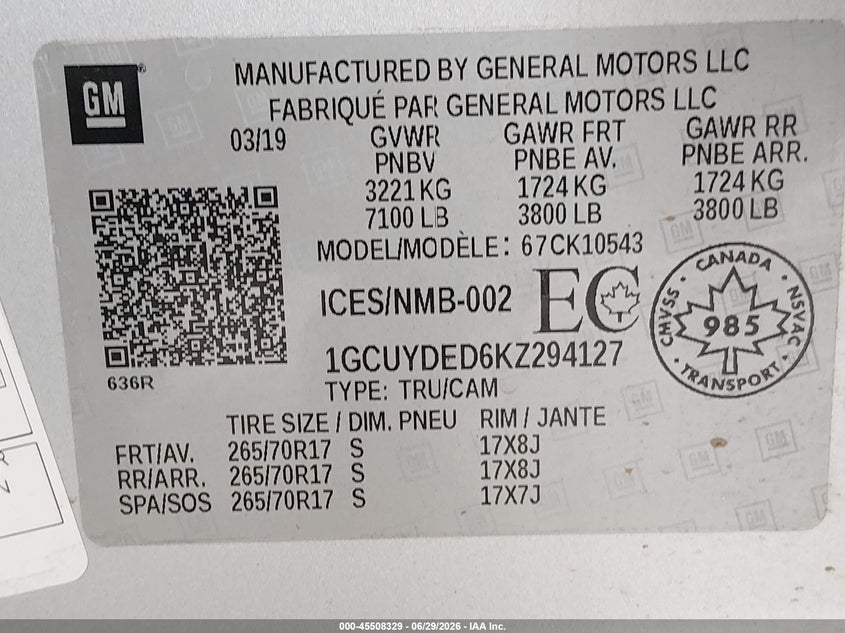 2019 Chevrolet Silverado VIN 1GCUYDED6KZ294127 IAAI salvage auction — REAR END, Bill Of Sale (Washington), sold $8,100 on 2026-07-29 (photo 9)