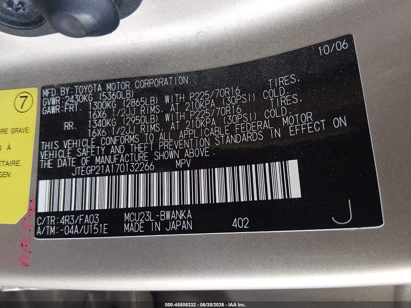 2007 Toyota Highlander VIN JTEGP21A170132266 IAAI salvage auction — RIGHT SIDE, Salvage (California), sold $725 on 2026-07-31 (photo 9)