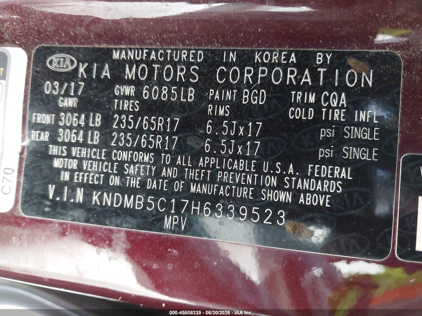 2017 Kia SEDONA VIN KNDMB5C17H6339523 IAAI salvage auction — FRONT END, Salvage (Texas), sold $175 on 2026-07-29 (photo 9)