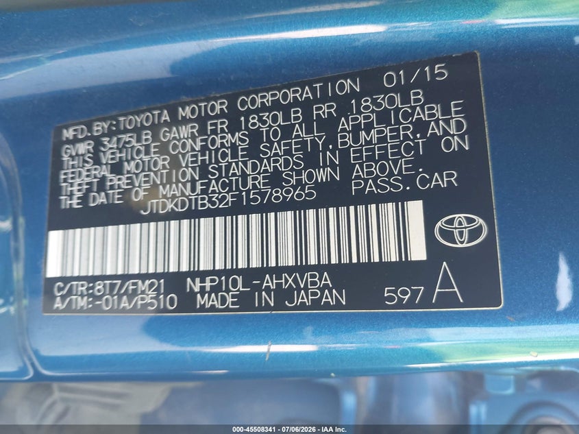 2015 Toyota Prius c VIN JTDKDTB32F1578965 IAAI salvage auction — FRONT END, Salvage (Texas), sold $1,850 on 2026-07-20 (photo 9)