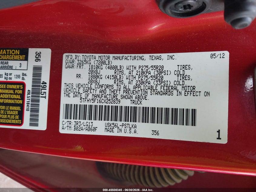 2012 Toyota Tundra VIN 5TFHY5F16CX252839 IAAI salvage auction — LEFT SIDE, Bill Of Sale (Washington), sold $5,400 on 2026-07-28 (photo 9)