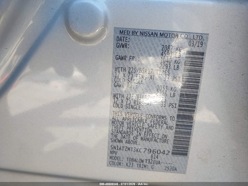 2019 Nissan Rogue VIN 5N1AT2MT3KC796042 IAAI salvage auction — FRONT END, Salvage (North Carolina), sold $2,400 on 2026-07-26 (photo 9)