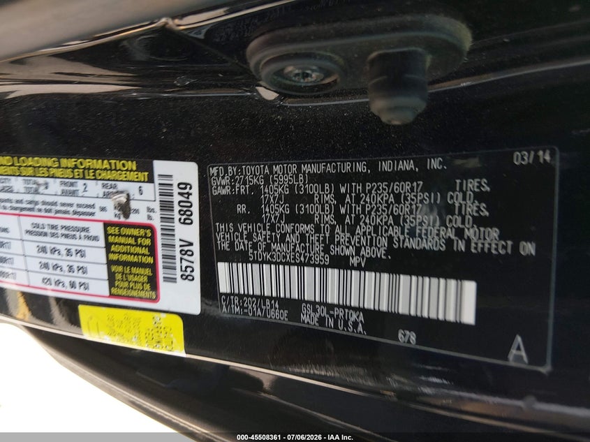 2014 Toyota Sienna VIN 5TDYK3DCXES473959 IAAI salvage auction — NORMAL WEAR, Clear (Idaho), sold $2,025 on 2026-07-10 (photo 9)
