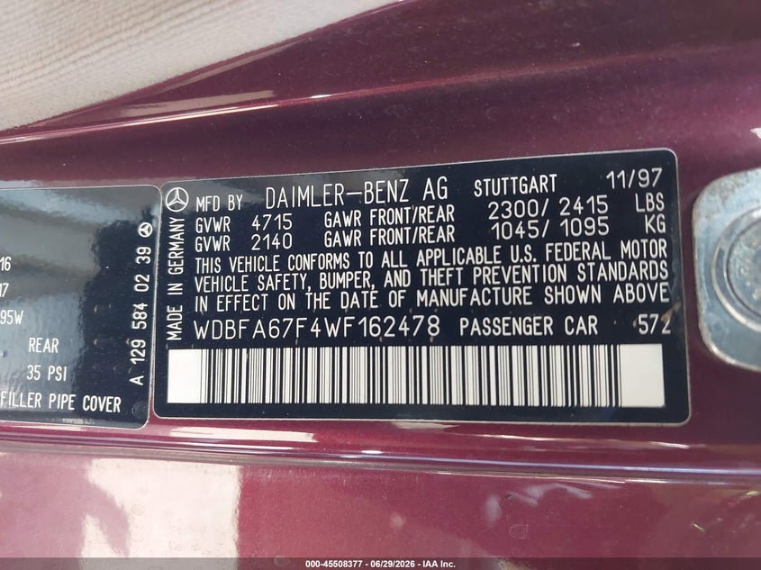 1998 Mercedes-benz Sl-class VIN WDBFA67F4WF162478 IAAI salvage auction — SIDE, Salvage (California), sold $7,900 on 2026-07-15 (photo 9)