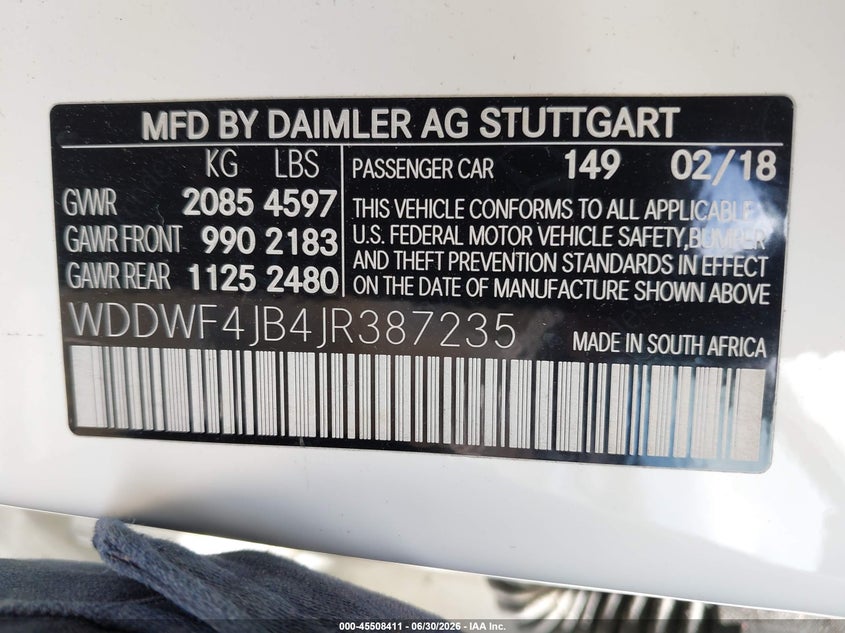 2018 Mercedes-benz C-klasse VIN WDDWF4JB4JR387235 IAAI salvage auction — LEFT FRONT, Original (Texas), sold $6,100 on 2026-08-02 (photo 9)