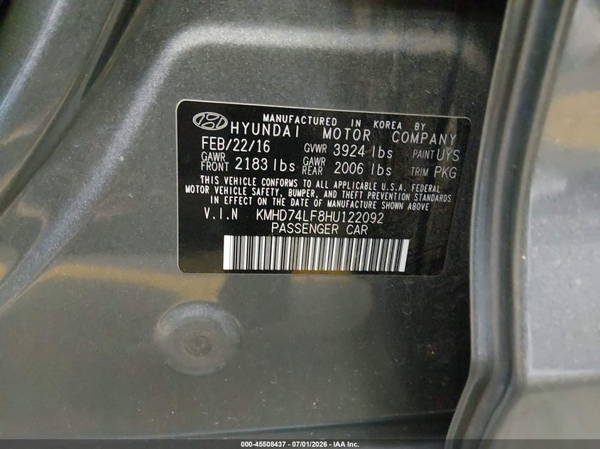 2017 Hyundai Elantra VIN KMHD74LF8HU122092 IAAI salvage auction — FRONT END, Salvage (Arizona), sold $650 on 2026-07-28 (photo 9)