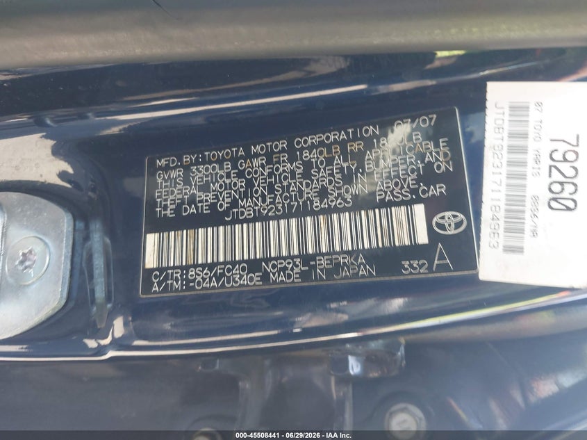 2007 Toyota Yaris VIN JTDBT923171184963 IAAI salvage auction — SIDE, Salvage (California), sold $375 on 2026-07-15 (photo 9)