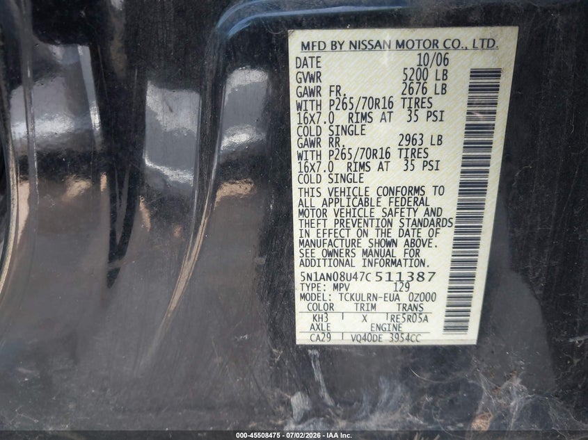 2007 Nissan Xterra VIN 5N1AN08U47C511387 IAAI salvage auction — NORMAL WEAR, Clear - Dealer Only (California), sold $650 on 2026-07-09 (photo 9)
