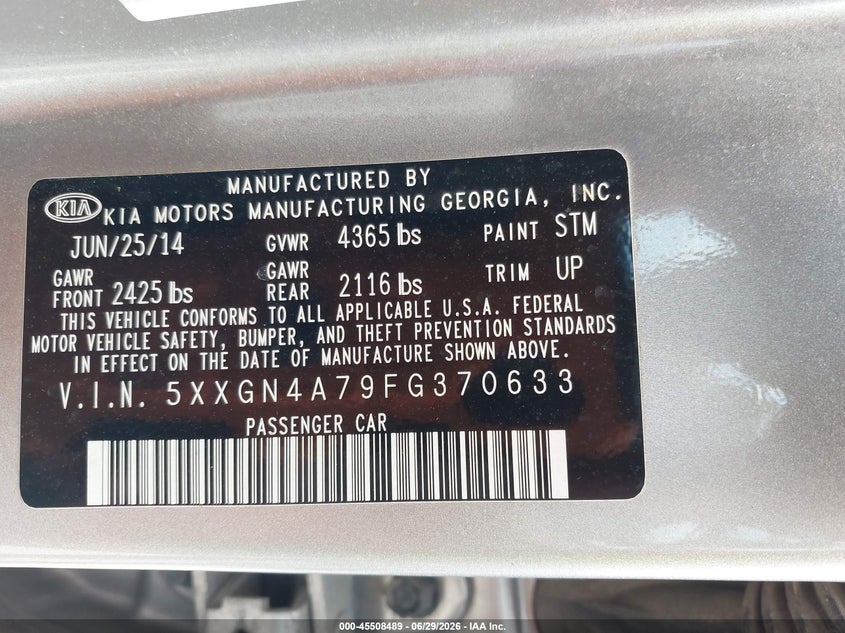 2015 Kia Optima VIN 5XXGN4A79FG370633 IAAI salvage auction — NORMAL WEAR, Clear (Kansas), sold $550 on 2026-07-29 (photo 9)