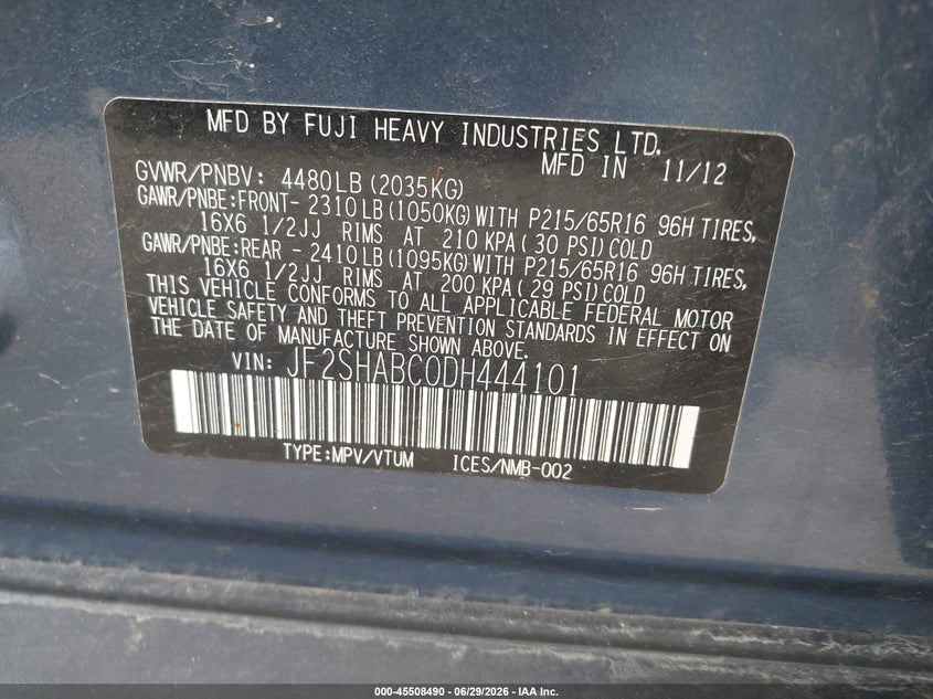 2013 Subaru Forester VIN JF2SHABC0DH444101 IAAI salvage auction — NORMAL WEAR, Clear (Michigan), sold $425 on 2026-07-30 (photo 9)