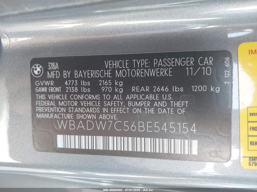 2011 BMW 3 series VIN WBADW7C56BE545154 IAAI salvage auction — SIDE, Salvage (California), sold $1,000 on 2026-07-14 (photo 9)