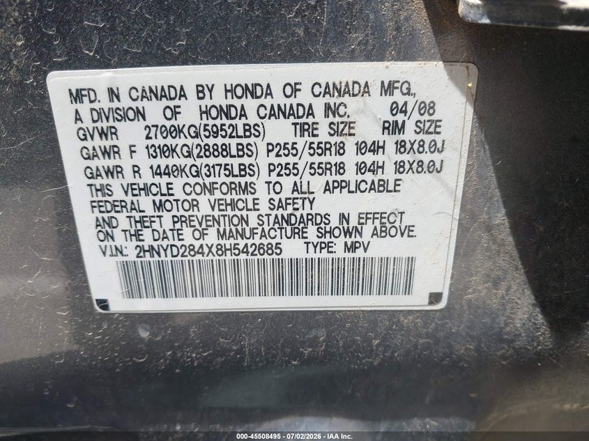 2008 Acura Mdx VIN 2HNYD284X8H542685 IAAI salvage auction — NORMAL WEAR, Original (Texas), sold $300 on 2026-07-22 (photo 9)