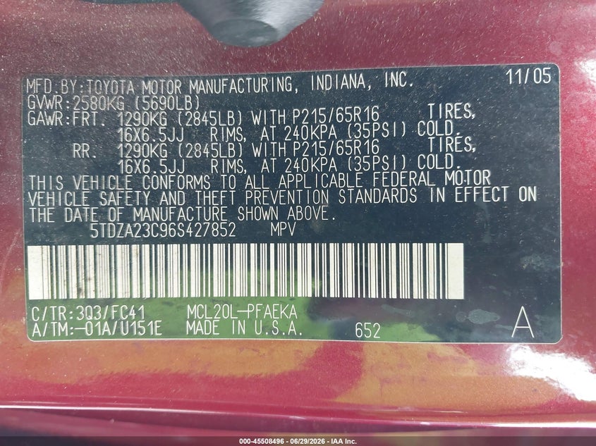 2006 Toyota Sienna VIN 5TDZA23C96S427852 IAAI salvage auction — NORMAL WEAR, Clear (Maryland), sold $825 on 2026-07-09 (photo 9)