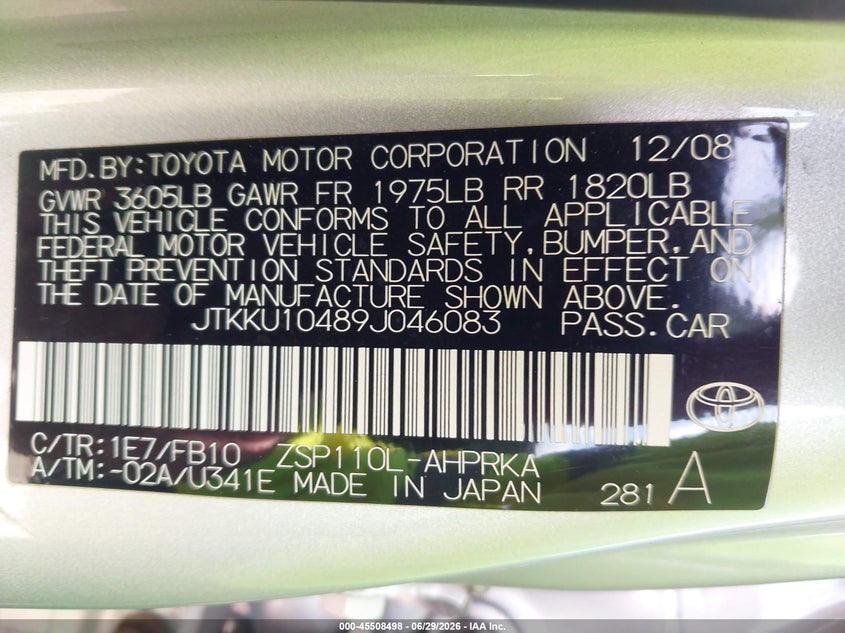 2009 Scion Xd VIN JTKKU10489J046083 IAAI salvage auction — NORMAL WEAR, Clear (Illinois), sold $375 on 2026-07-15 (photo 9)