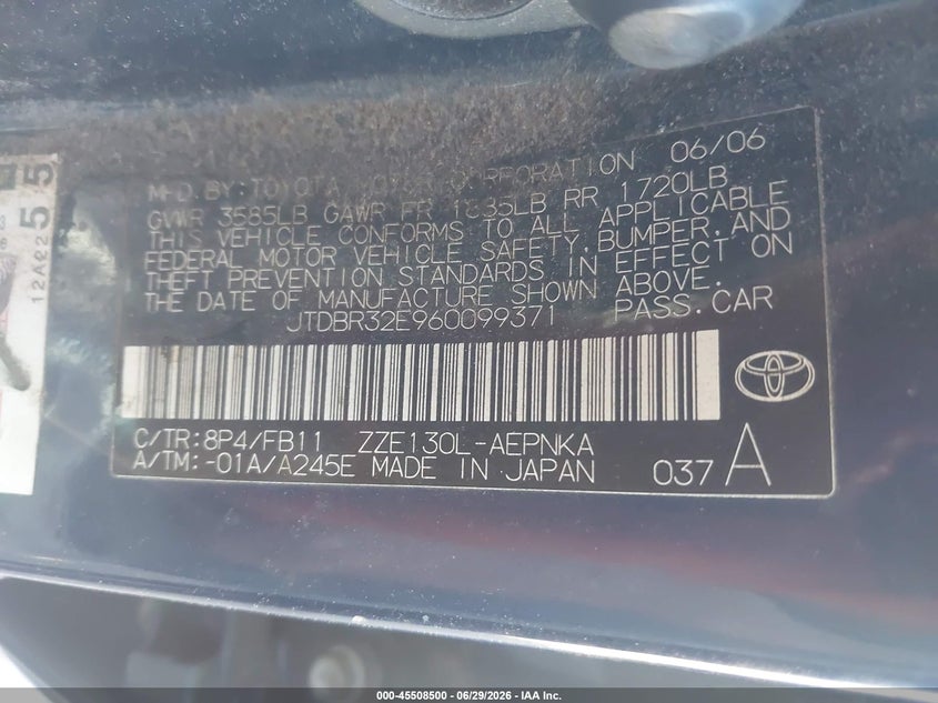 2006 Toyota Corolla VIN JTDBR32E960099371 IAAI salvage auction — NORMAL WEAR, Clear-Dealer Only (Arizona), sold $600 on 2026-07-28 (photo 9)