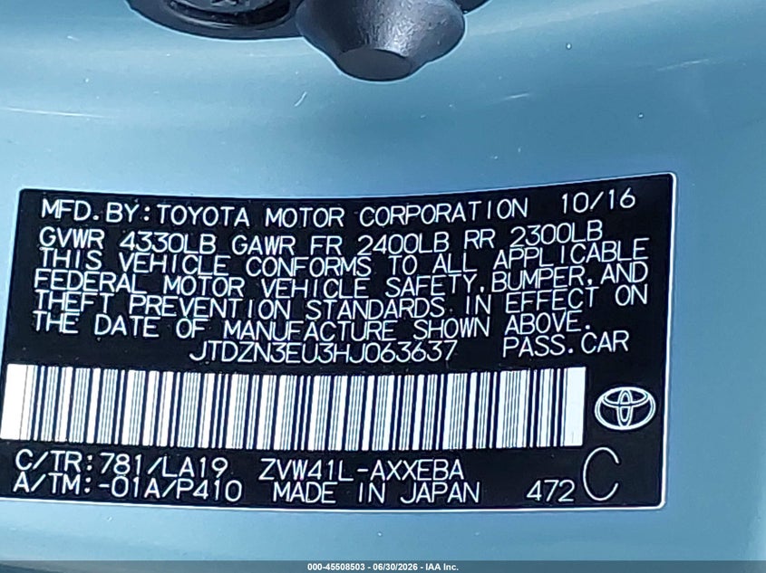 2017 Toyota Prius v VIN JTDZN3EU3HJ063637 IAAI salvage auction — REAR END, Salvage Title, sold $3,300 on 2026-07-30 (photo 9)
