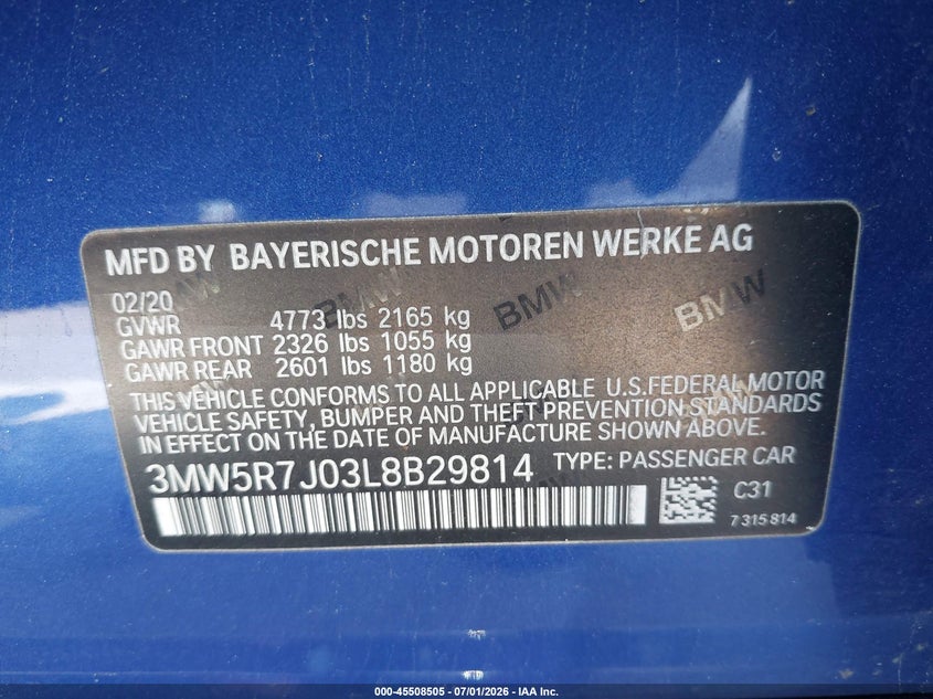2020 BMW 3er VIN 3MW5R7J03L8B29814 IAAI salvage auction — LEFT FRONT, Wait Title, sold $8,100 on 2026-08-23 (photo 9)