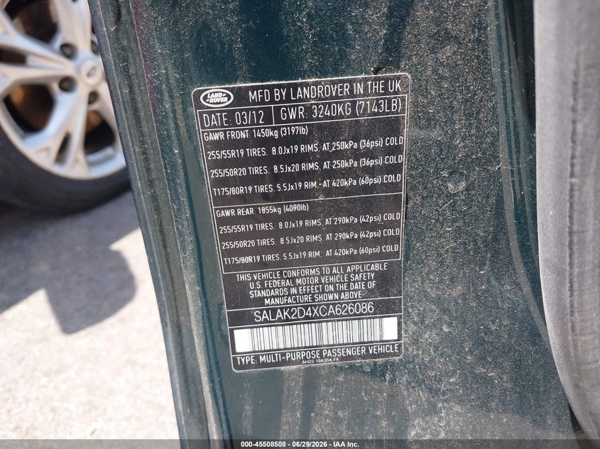 2012 Land rover Lr4 VIN SALAK2D4XCA626086 IAAI salvage auction — NORMAL WEAR, Clear (Mississippi), sold $425 on 2026-07-28 (photo 9)