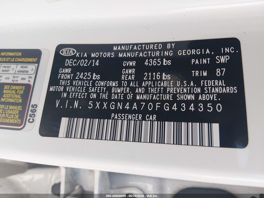 2015 Kia Optima VIN 5XXGN4A70FG434350 IAAI salvage auction — NORMAL WEAR, Clear (Pennsylvania), sold $1,725 on 2026-07-08 (photo 9)