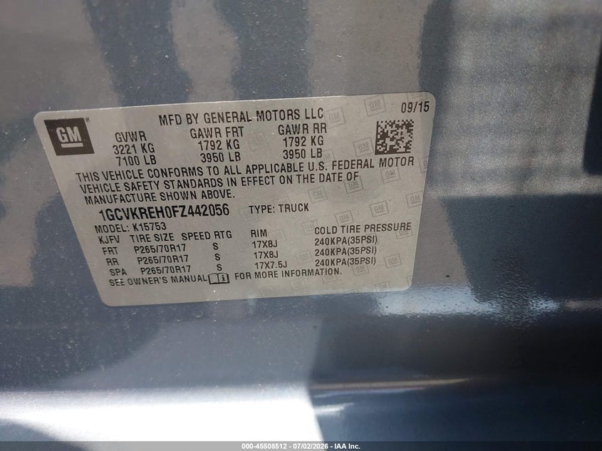 2015 Chevrolet Silverado VIN 1GCVKREH0FZ442056 IAAI salvage auction — FRONT & REAR, Salvage Title, sold $2,650 on 2026-07-24 (photo 9)