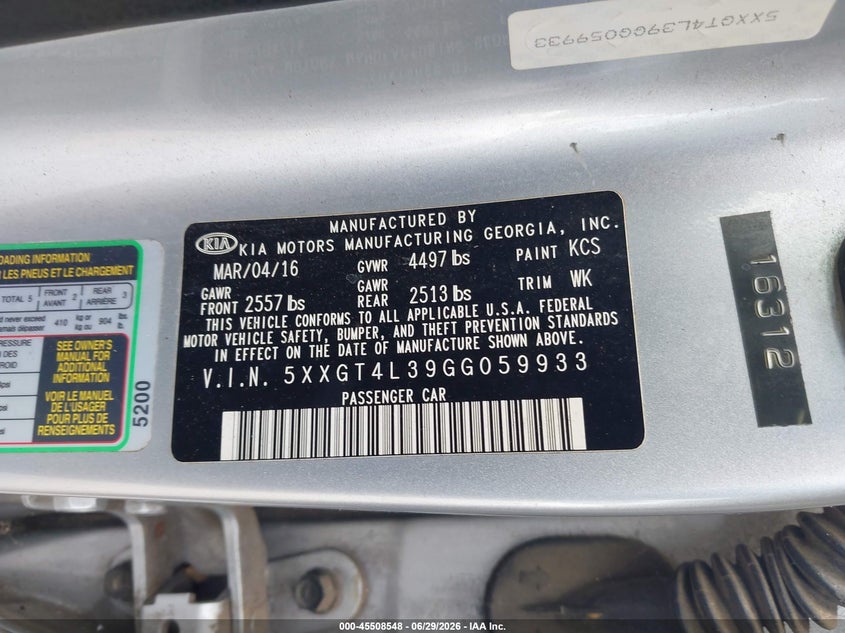 2016 Kia Optima VIN 5XXGT4L39GG059933 IAAI salvage auction — NORMAL WEAR, Clear (Georgia), sold $1,050 on 2026-07-22 (photo 9)
