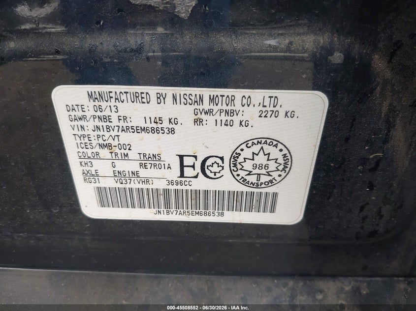 2014 Infiniti Q50 VIN JN1BV7AR5EM686538 IAAI salvage auction — FRONT END, Salvage Title, sold $25 on 2026-07-31 (photo 9)