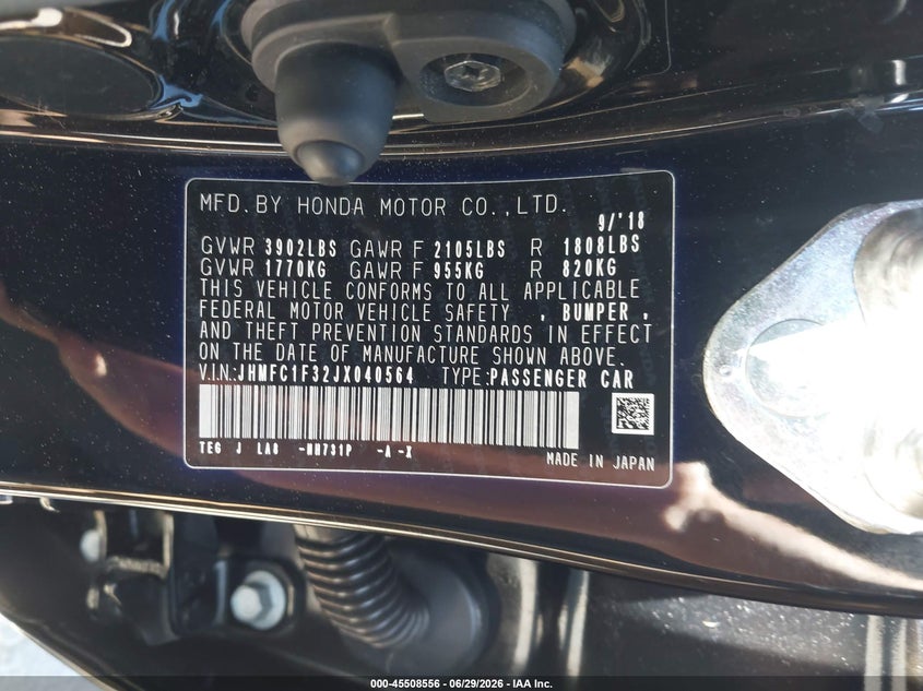 2018 Honda Civic VIN JHMFC1F32JX040564 IAAI salvage auction — FRONT END, Salvage Title, sold $3,350 on 2026-07-22 (photo 9)